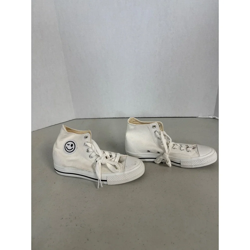 Ccocci Womens High Top Canvas‎ Sneakers Off White Smiley Face Patch Size 8